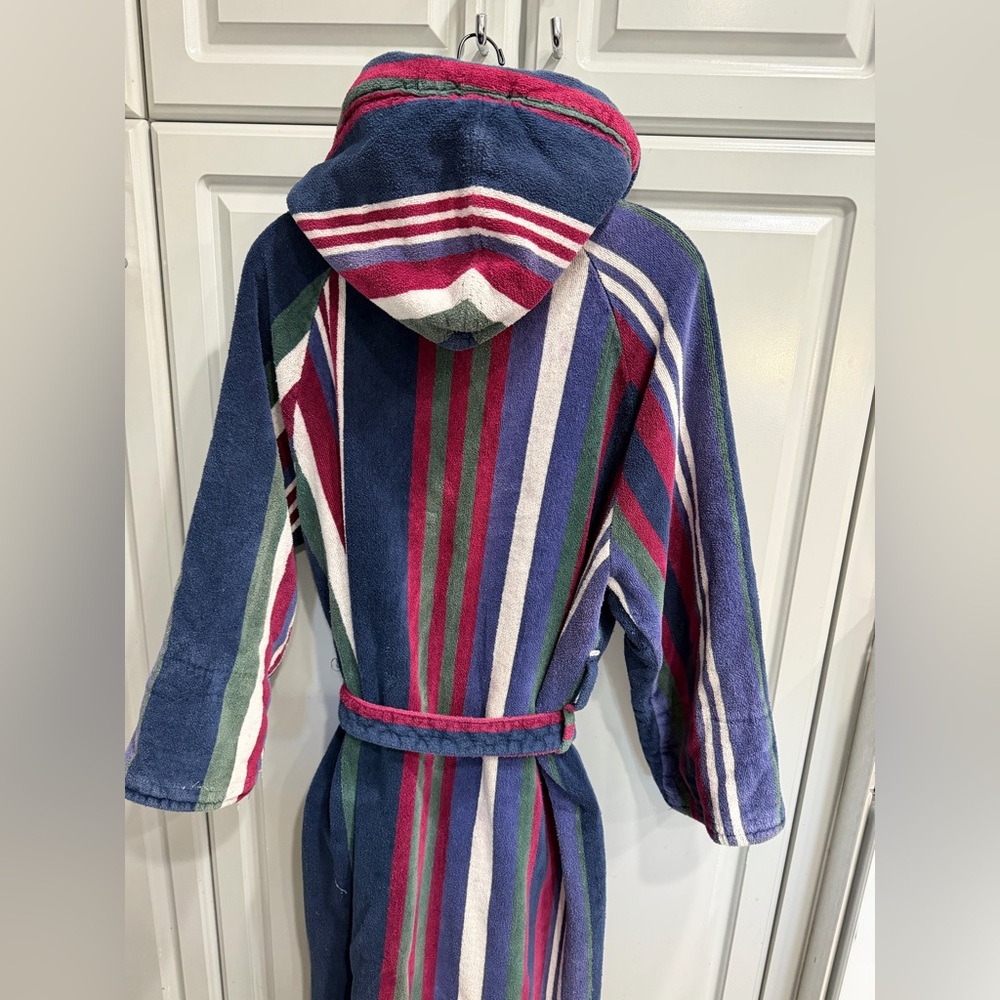 BILL BLASS Terry Cloth Vintage Striped Hooded Bathrobe belt & pockets 3/4 sleeve - Picture 10 of 15